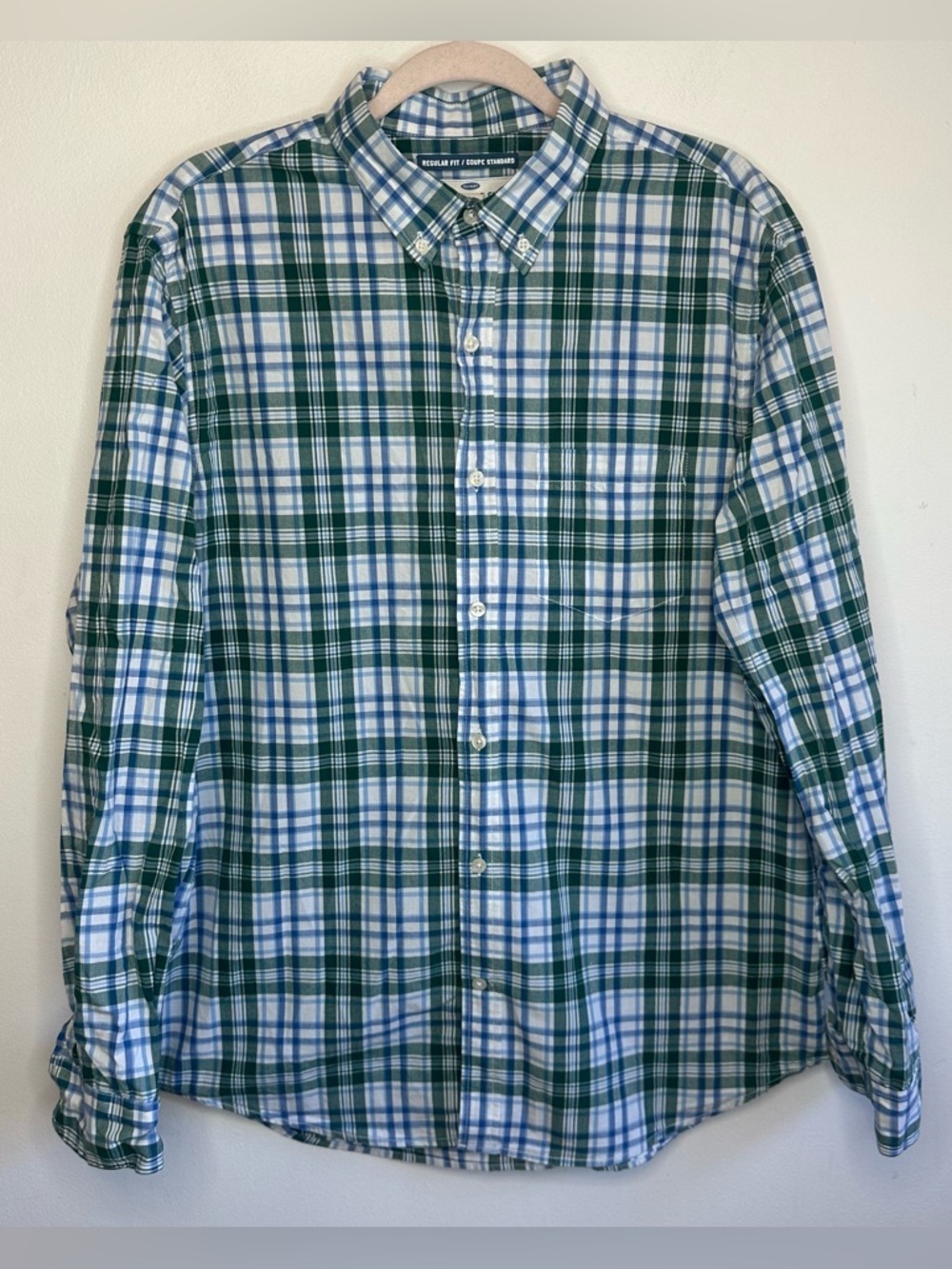 Old Navy Mens The Classic L Large Green White Plaid Long Sleeve Button Shirt